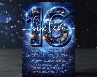 宇宙16歳の誕生日招待状 - 宇宙飛行士ギャラクシーパーティー招待状、宇宙スイートシックスティーン、編集可能なCanvaテンプレート
