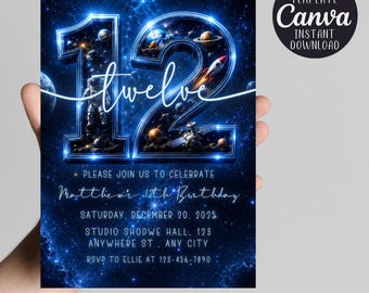 Space 12th Birthday Invitation | Astronaut Galaxy Invite | Editable Canva Template | Boy Outer Space Party Printable