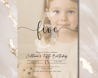 Modern Photo 5th Birthday Invitation | Neutral Canva Template