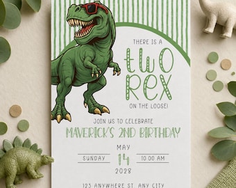 Two Rex Dinosaur 2nd Birthday Invitation | Green Dino Party (Editable Canva Template)