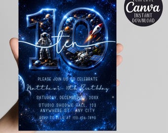 Space 10th Birthday Invitation | Astronaut Galaxy Invite | Editable Canva Template | Boy Outer Space Party Printable