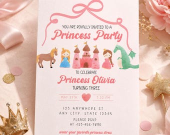Pink Castle Princess Birthday Invitation | Watercolor Canva Template (Digital Download)