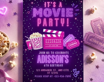 Movie Night Birthday Invitation | Neon Glow Movie Party Invite | Cinema Birthday Party | Editable Canva Template | Popcorn Ticket Birthday