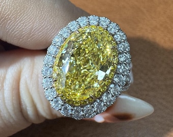 5.05ct Fancy Yellow Lab Grown Diamond Ring, IGI Certified Oval Cut Double Halo Ring, Pavé Diamond Band, 14K Gold Custom Wedding Jewelry
