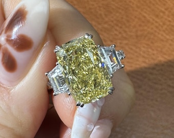 5.04ct Fancy Yellow Lab Grown Diamond Ring, IGI Certified Cushion Cut Three Stone Ring, Trapezoid Side Diamonds, Gold Custom Wedding Band