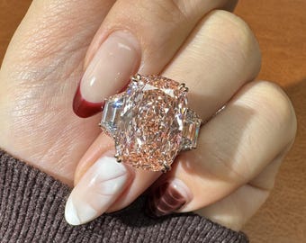 10ct Pink Diamond Ring, IGI Certified 10.06ct Cushion Cut Fancy Pink Engagement Ring, 14K Gold Three Stone Baguette Side Wedding Ring