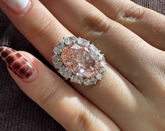 10ct Pink Diamond Ring, IGI Certified 10.07ct Oval Cut Fancy Pink Engagement Ring, 14K Gold Large Luxury Statement Diamond Halo Wedding