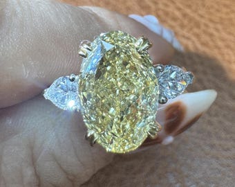 5.07ct Oval Fancy Yellow Lab Grown Diamond Ring, IGI Certified Three Stone Engagement Ring, Pear Side Diamonds, 14K Gold Custom Wedding Band