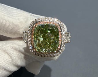 7.07ct Cushion Green Diamond Ring VVS2 Halo Three Stone | 14K 18K PT950 Platinum Engagement Ring | Huge Certified Bespoke Fine Jewelry