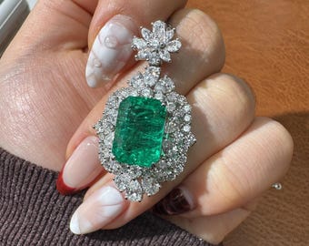 7.45ct Emerald Cut Lab Created Emerald Pendant, IGI Certified Luxury Diamond Halo Necklace, 14K Gold Vintage Floral Cluster Statement Gift