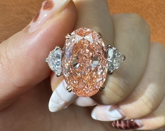 10ct Pink Diamond Ring, IGI Certified 10.09ct Oval Cut Fancy Pink Engagement Ring, 14K Gold Three Stone Custom Luxury Statement Wedding