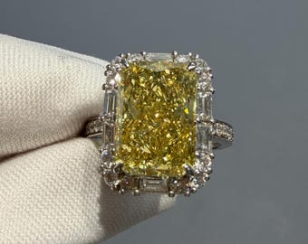 Anillo de diamantes amarillos radiantes de 5,08 ct VVS2 Canary Halo / Anillo de compromiso de platino PT950 de 14K y 18K / Joyería fina personalizada de gran tamaño y certificada