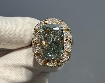 5.97ct Radiant Blue Green Diamond Ring VVS1 Teal Halo | 14K 18K PT950 Platinum Engagement Ring | Huge Certified Bespoke Fine Jewelry