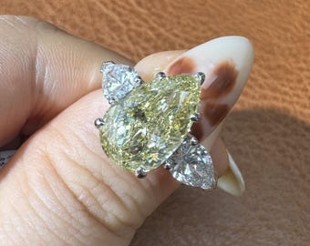 5.05ct Pear Cut Yellow Lab Grown Diamond Ring, IGI Certified Fancy Vivid Yellow Diamond Engagement Ring, 14k Gold Three Stone Ring For Her