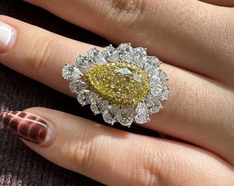 5.08ct Pear Yellow Lab Grown Diamond Ring, IGI Certified Luxury Cluster Halo Engagement Ring, 14K Gold Canary Diamond Sunburst Ring