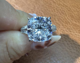 5ct Cushion Cut Lab Grown Diamond Ring, IGI Certified 5.04ct Split Shank Engagement Ring, 14K Gold Unique Y Band Cushion Wedding Jewelry