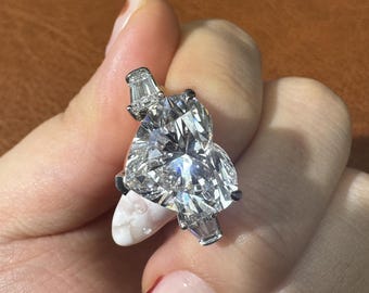 10ct Heart Cut Lab Grown Diamond Ring, IGI Certified 10.3 Carat Three Stone Engagement Ring, 14K Gold Tapered Baguette Side Stone Wedding