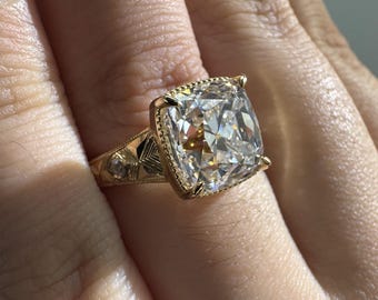 5.12ct Antique Cushion Lab Grown Diamond Ring, IGI Certified Old Mine Cut Engagement Ring, Hand Engraved 14K Gold Vintage Wedding Band