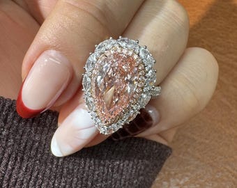 5.08ct Pink Lab Grown Diamond Ring, IGI Certified Luxury Cluster Halo Engagement Ring, 14K Gold Pink Diamond Band, Custom Size Jewelry