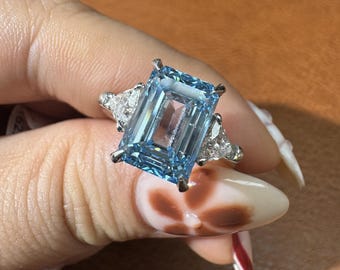 5ct Blue Diamond Ring, IGI Certified 5.04ct Radiant Cut Fancy Blue Engagement Ring, 14K Gold Three Stone Baguette Side Wedding Jewelry