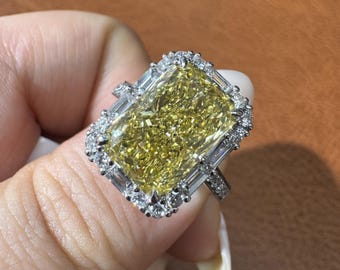 5.08ct Yellow Lab Grown Diamond Ring, IGI Certified Cushion Cut Baguette Halo Engagement Ring, 14K Gold Canary Diamond Art Deco Jewelry