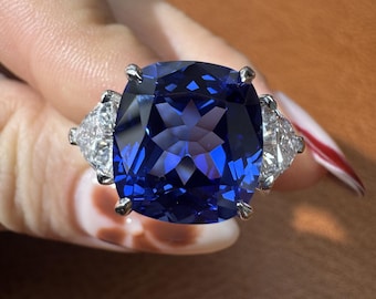 10ct Lab Created Sapphire Ring, IGI Certified 10 Carat Emerald Cut Royal Blue Engagement Ring, 14K Gold Three Stone Baguette Wedding Ring