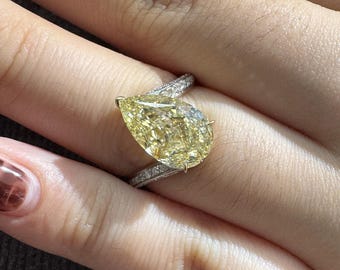 5.09ct Yellow Lab Grown Diamond Ring, IGI Certified Pear Cut Engagement Ring, 14K Gold Canary Diamond, Twisted Split Shank Promise Ring