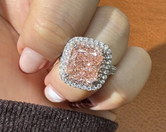 5.07ct Pink Lab Grown Diamond Ring, IGI Certified Cushion Cut Halo Engagement Ring, 14K Gold Pink Diamond Band, Custom Size Luxury Jewelry