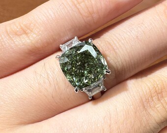 6ct Green Diamond Ring, IGI Certified 6 Carat Cushion Cut Fancy Green Engagement Ring, 14K Gold Three Stone Baguette Side Wedding Ring
