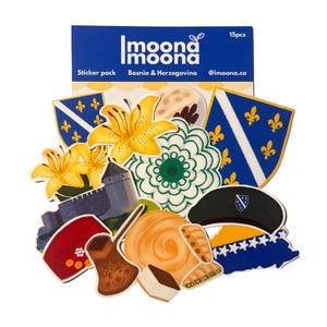 May include: A sticker pack featuring 15 illustrated stickers representing symbols of Bosnia & Herzegovina. The stickers include a lily flower, a castle, a crescent moon, a traditional Bosnian slipper, a pastry, a shell, a flower, a coat of arms, and a map of the country. The sticker pack is labeled "Imoonamoona" and "Bosnia & Herzegovina".