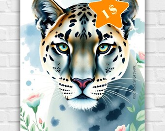 Arte de parede com estampa de leopardo em aquarela, decoração de animais da selva, pôster de felino boho, pintura de vida selvagem de safári para decoração de casa