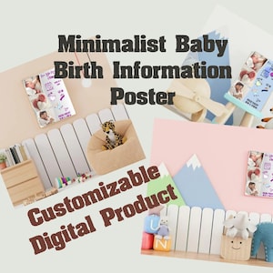 Editable Baby Birth Stats Template - Customizable Newborn Announcement & Minimalist Photo Collage - Printable Nursery Wall Art