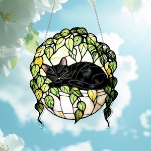 Black Cat Sleeping on Ivy Ornament | Cat ACRYLIC Window Hanging | Plant Lover Gift | Ivy Plants Decor, Cozy Cat Decor, Gift For Mom