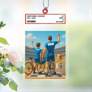 Porte-clés personnalisé pour papa de course à vélo, nom d'enfant personnalisé de style carte à collectionner n° 1, nom d'enfant personnalisé avec papa, décoration cadeau pour la fête des pères, porte-clés pour papa cycliste