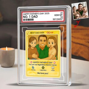 Plaque acrylique personnalisée de style carte à collectionner, cadeau de fête des pères, bloc acrylique pour photo d'anime, nouveau papa, cadeau gamer papa d'un enfant, mari joueur
