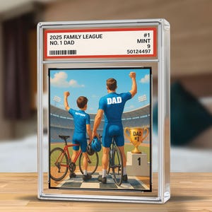 Benutzerdefinierte Zyklus Racing Dad Acryltafel, Sammelkarte Stil Personalisierter Name des Kindes mit Dad, Vatertagsgeschenk, Fahrrad Dad Acrylblock