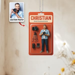 Personalisierter Fotograf Schlüsselbund, Verwandeln Sie Ihr Foto in eine Actionfigur, benutzerdefinierte Spielzeugfigur, einzigartiges lustiges Sammlerauto-Verzierungsgeschenk
