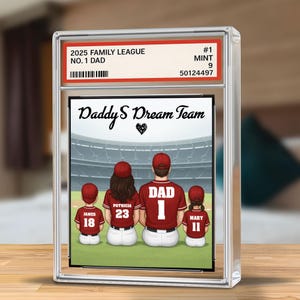 Baseball Daddy's Dream Team No. 1 Dad Man & Kids Sitting Trading Card Style Personalizowana tabliczka akrylowa, dekoracja prezentu dla taty, męża