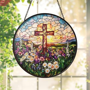 Stained Glass Cross Wildflower Suncatcher, Christian Glass Window Hanging, Religious Cross Suncatcher, Easter Suncatcher Decor,Easter Gifts