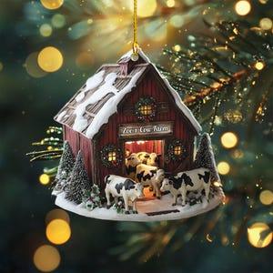 Enfeite de Natal personalizado para fazenda de vacas – Celeiro personalizado com vacas, decoração para árvore de Natal em fazenda, presente de lembrança de 2025