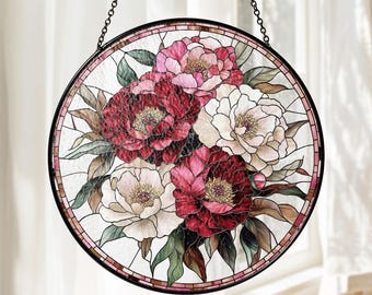 Peony Stained Glass Suncatcher, Elegant Floral Window Hanging, Romantic Garden Accent, Perfect Gift for Her, Mothers day gift