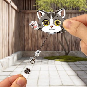 Cute Tabby Cat Badge Reel – Adorable Cartoon Kitty with Big Eyes and Paws Out – Retractable ID Holder for Nurses, Teachers, Office