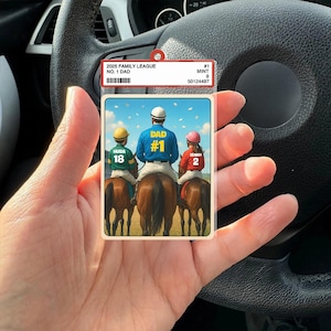Llavero acrílico personalizado estilo tarjeta coleccionable "El equipo de ensueño de papá de carreras de caballos n.° 1, papá, hombre y niños", Día del Padre, regalo decorativo de carreras de caballos