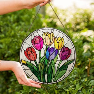 Tulip Stained Glass Suncatcher – Round Window Hanging with Colorful Spring Flowers, Garden Floral Panel Art, Bright Home Decor Gift