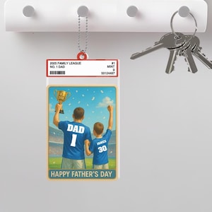 Llavero acrílico personalizado con el equipo de ensueño de papá futbolista número 1, papá, hombre y niños, estilo tarjeta coleccionable, Día del Padre, regalo de fútbol, decoración.