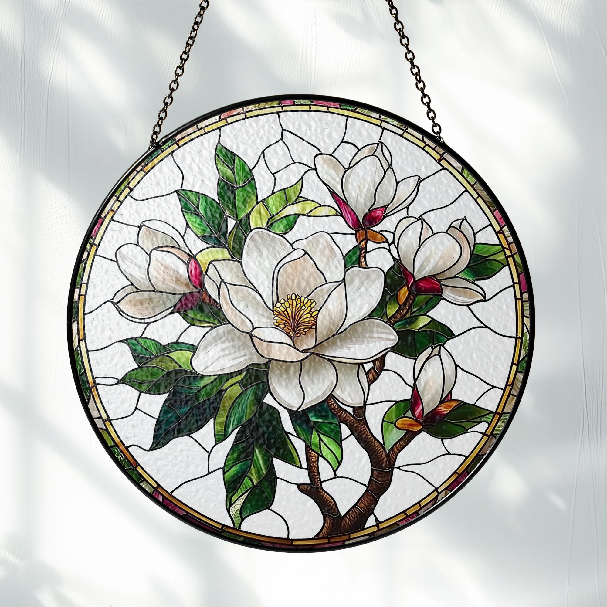 Magnolia Stained Glass Suncatcher, White Flower Car Charm, Elegant Window Hanging, Nature Inspired Home Decor, Mothers day gift