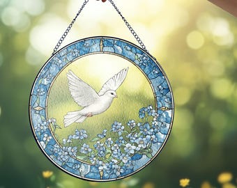 Dove and Forget Me Not Flowers Stained Glass Suncatcher, Dove and Forget Me Not Window Hanging, Elegant Home Décor, Peaceful Memorial Gift