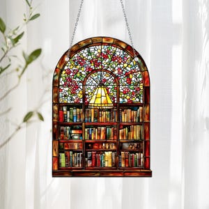 Bookshelf Stained Glass Suncatcher – Window Hanging with Lamp and Floral Arch, Cozy Library Decor, Handmade Gift for Book Lovers & Readers