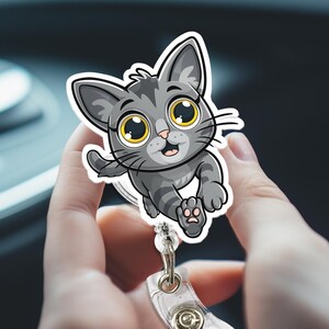 Cute Gray Cat Badge Reel – Kawaii Cartoon Kitty with Big Eyes and Paw Up – Retractable ID Holder for Nurses, Teachers, Office Use