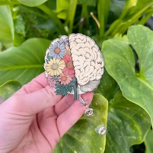 Floral Brain Badge Reel, Left and Right Brain ID Holder, Artistic Medical Name Tag Clip, Gift for Neurologist, Therapist, Teacher, RN, Staff